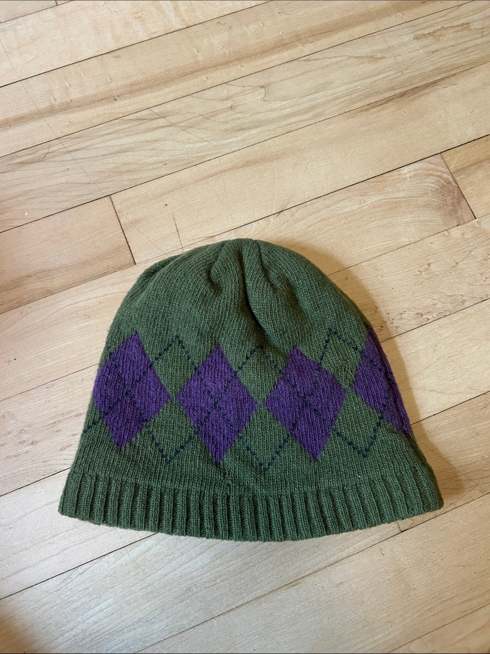 Green Knit Wool Beanie with Purple Argyle Pattern